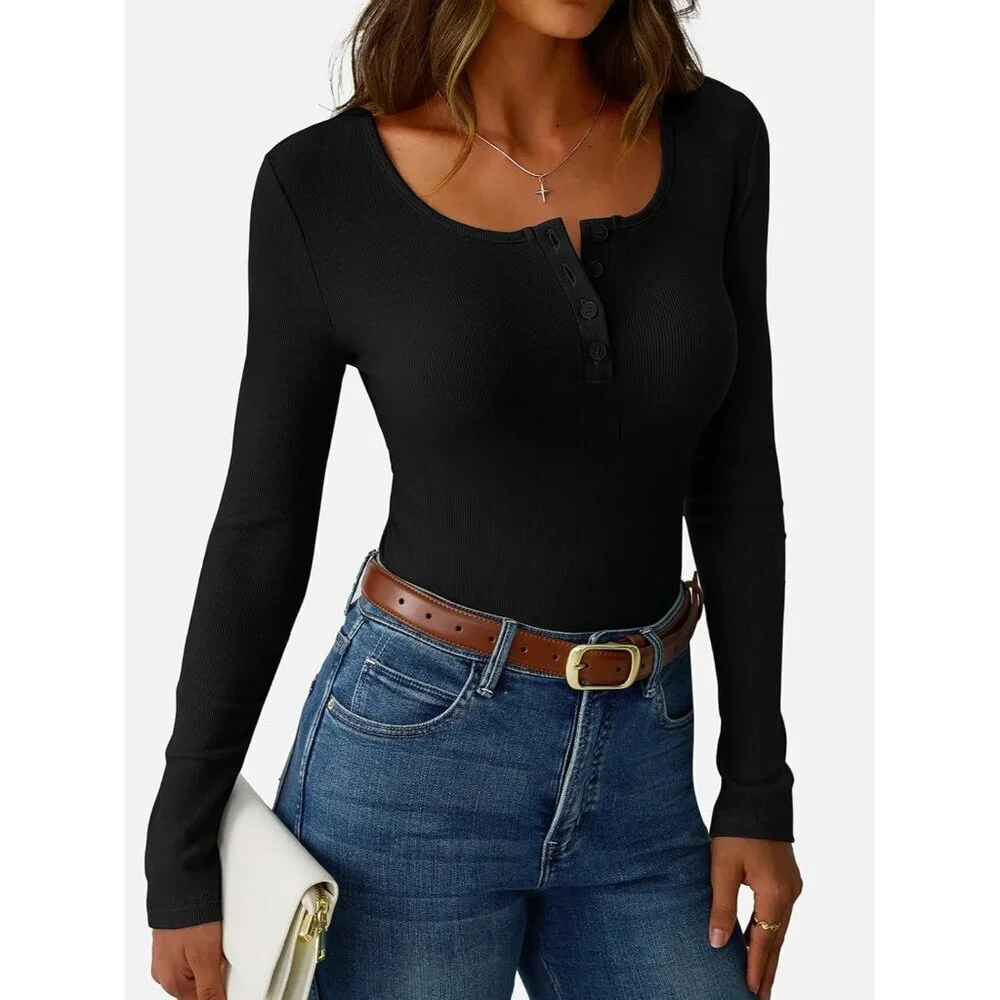 Women's Ribbed Long Sleeve Henley Top Slim Fit Casual Spring Fall Top - Picture 3 of 5